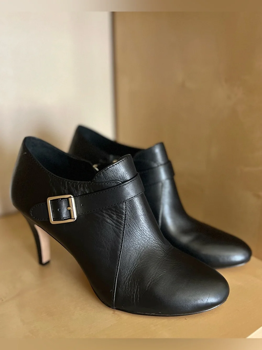 Vince Camuto Vonilesa Black Leather Ankle Stiletto Booties with Gold Buckle